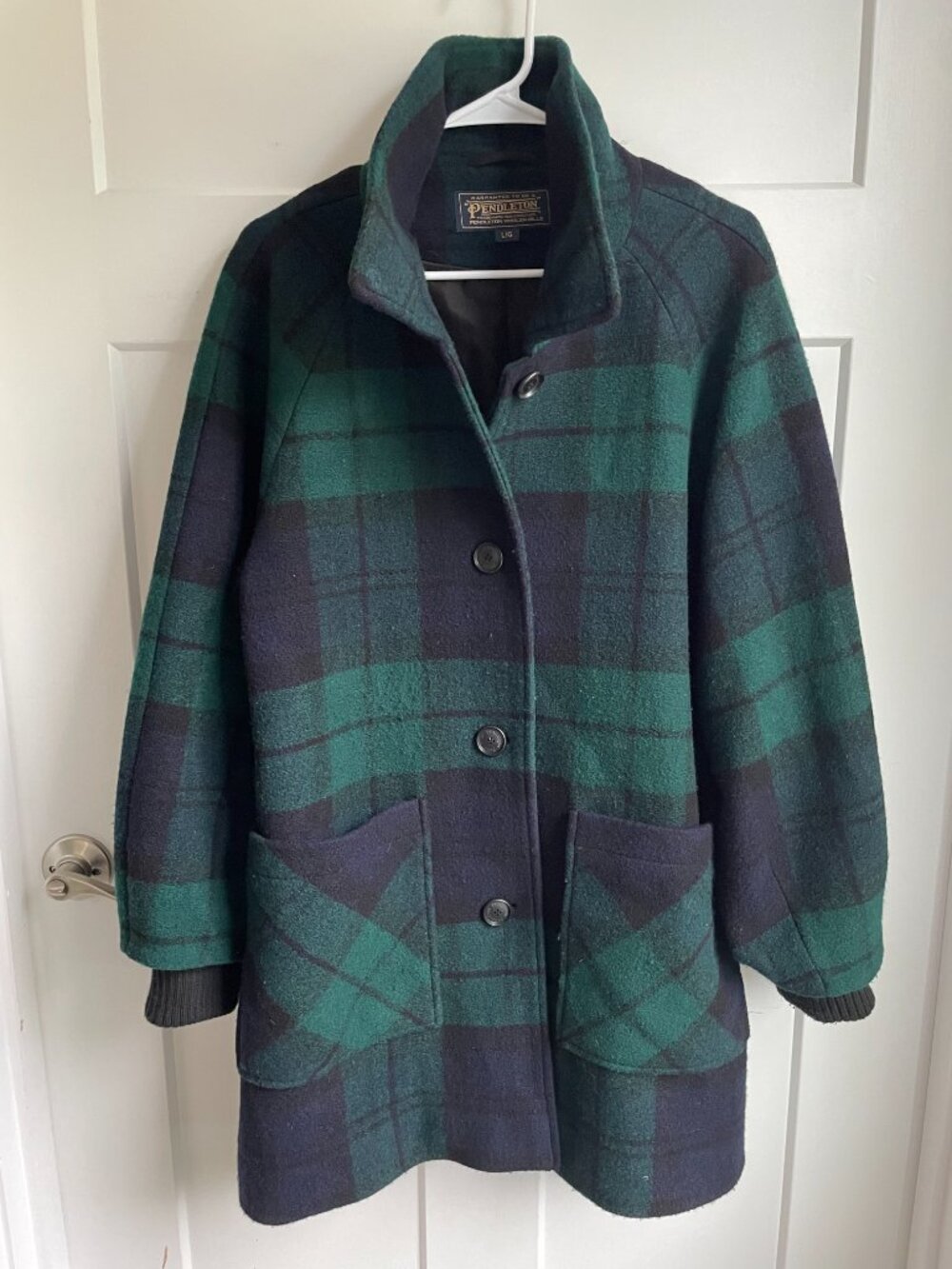 Pendleton Black Watch Plaid Wool Coat Jacket Forest Green Navy Blue Large L